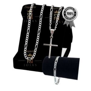 Kit masculino Crucifixo Corrente Banhada a Prata 925 + pulseira 02 3x1