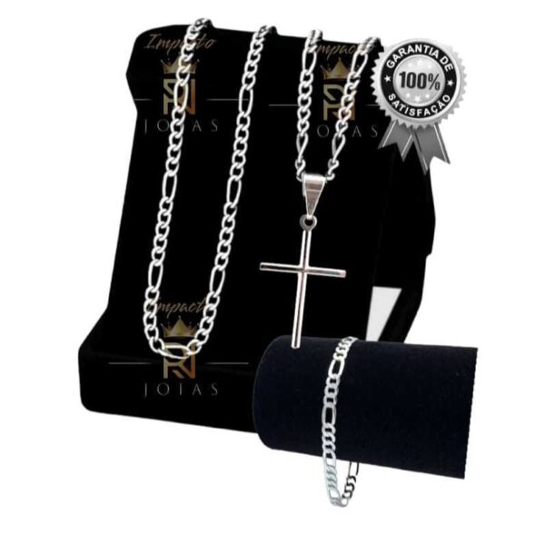 Kit masculino Crucifixo Corrente Banhada a Prata 925 + pulseira 02 3x1