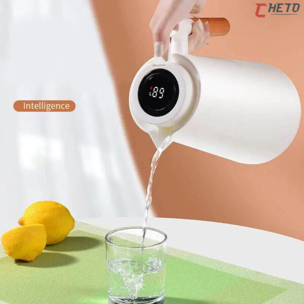 Garrafa Térmica Termometro Digital 1L Café Chá Nórdica Com Cabo Madeira