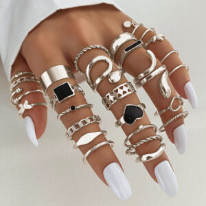 Anel quadrado de 27 peças do coração Epoxy preto Conjunto de 27 peças do coração Ladies Multi-Piece Set