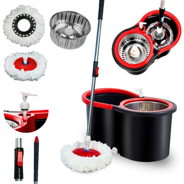 Mop Giratorio Com cabo de 140 cm Cesto Em Inox - Balde Centrífuga - C/2 Refil e Dispenser - Nybc