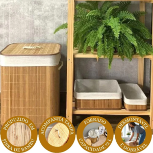 Cesto de Roupa Suja 70 LITROS Lavanderia Bambu c/ Tampa Retangular Forrado Quarto Banheiro Dobrável