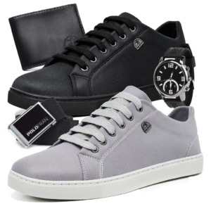 London- Kit 2 Tênis Masculino Sapatênis Básico Casual Com Carteira Cinto e Relógio