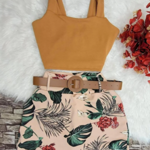 Conjunto Feminino Blusa Cropped + Short Saia com Cinto Plus Size - Conjuntinho Plus Curve