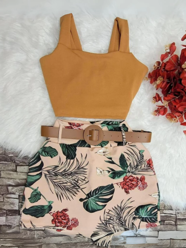 Conjunto Feminino Blusa Cropped + Short Saia com Cinto Plus Size - Conjuntinho Plus Curve