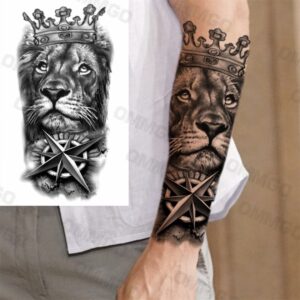 Tatuagens Temporárias Realistas Da Coroa Do Leão Compasso Para Homens Tatuagem Temporária Crânio Adulto Falsa Arte Corporal À Prova D'água