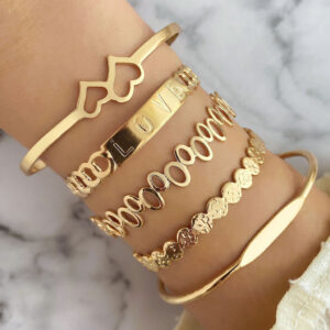 Novo Estilo Conjunto de 5 peças Creative LOVE Letter Hollow Bracelet Pulseira de Amor Bracelete de Coração Duplo Jóias de Casal